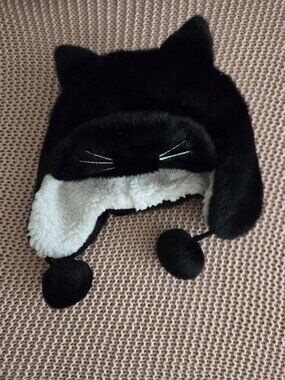 Kids furry cat sherpa lined traper hat with pom poms